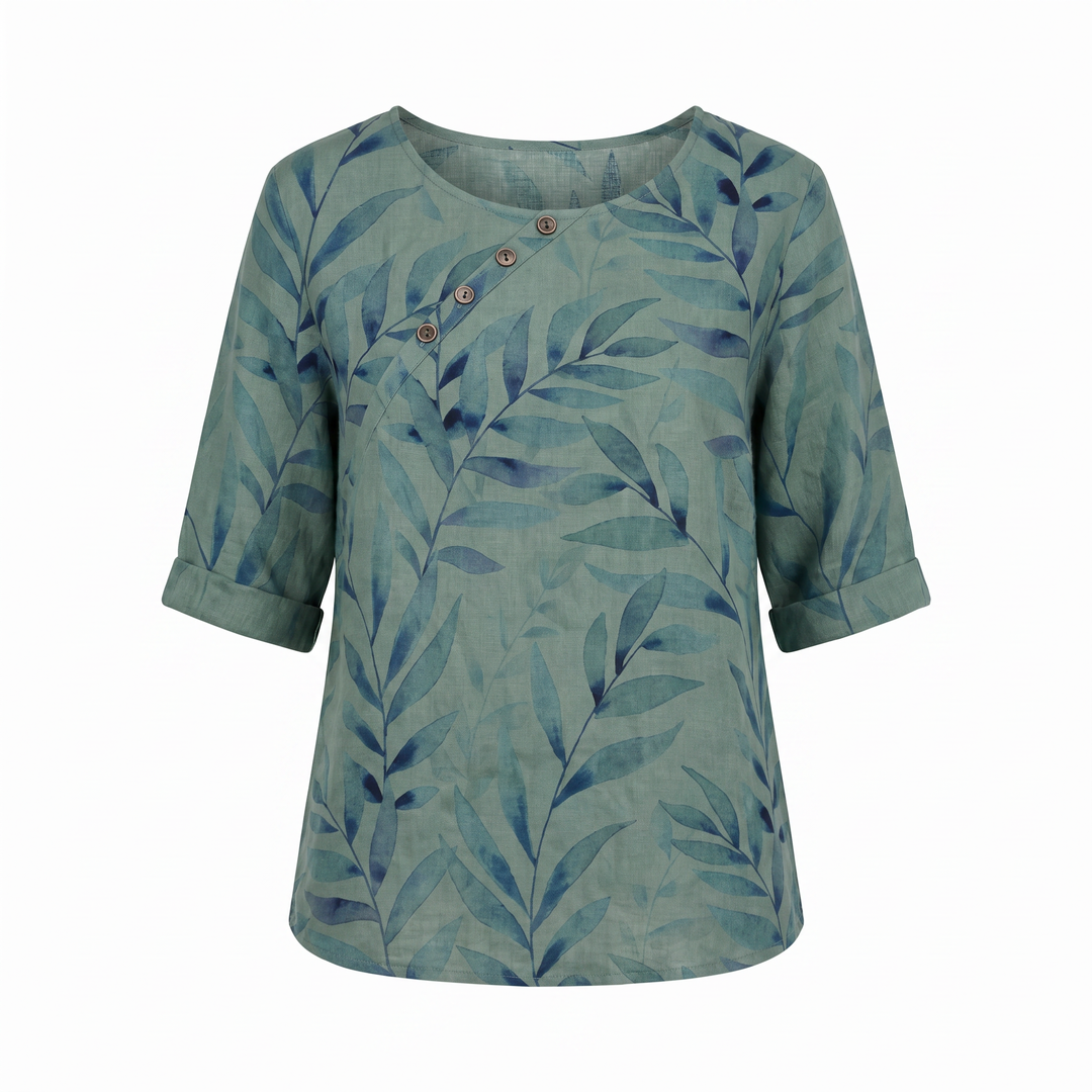 Effortless Botanical Print Linen Blouse for Women with Round Neck Elbow Sleeve Button Placket Relaxed Style