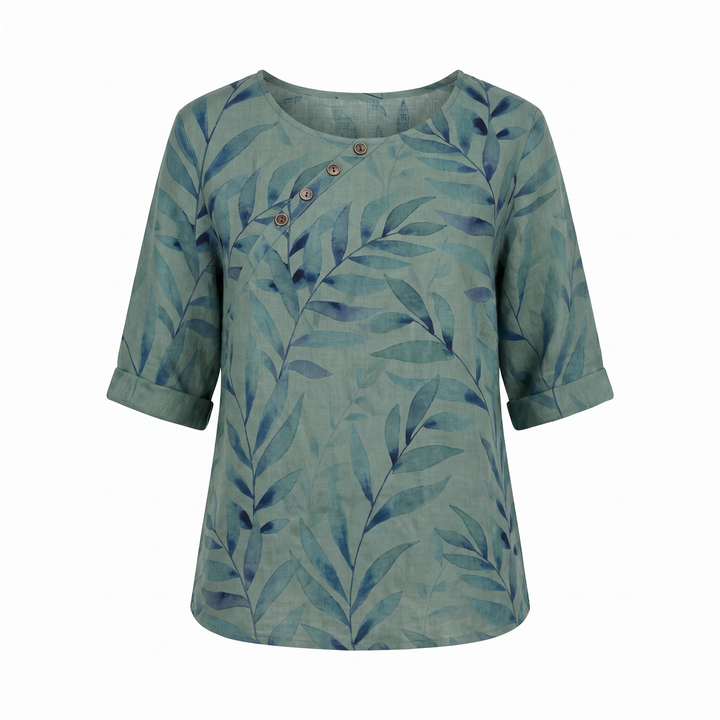 Effortless Botanical Print Linen Blouse for Women with Round Neck Elbow Sleeve Button Placket Relaxed Style