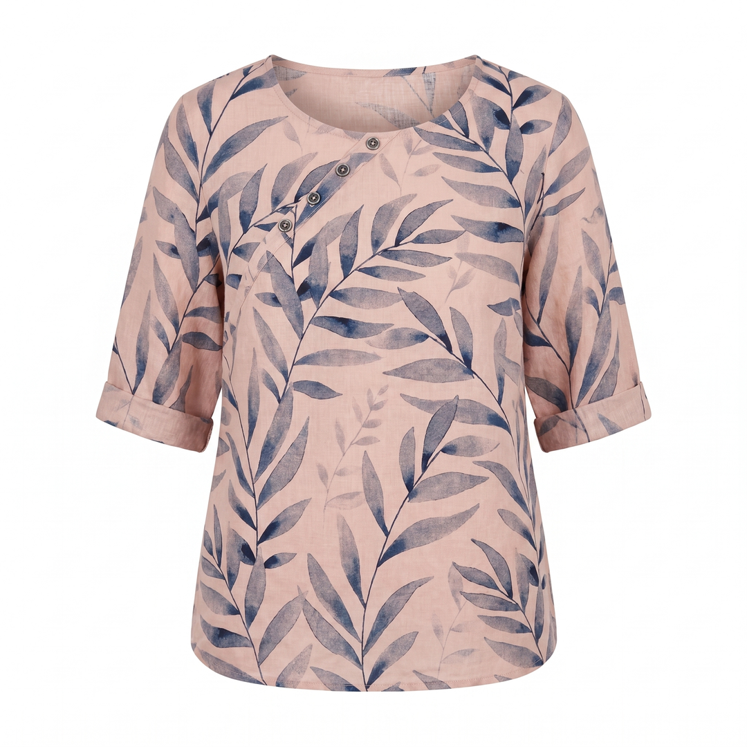 Effortless Botanical Print Linen Blouse for Women with Round Neck Elbow Sleeve Button Placket Relaxed Style