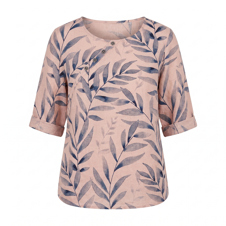 Effortless Botanical Print Linen Blouse for Women with Round Neck Elbow Sleeve Button Placket Relaxed Style
