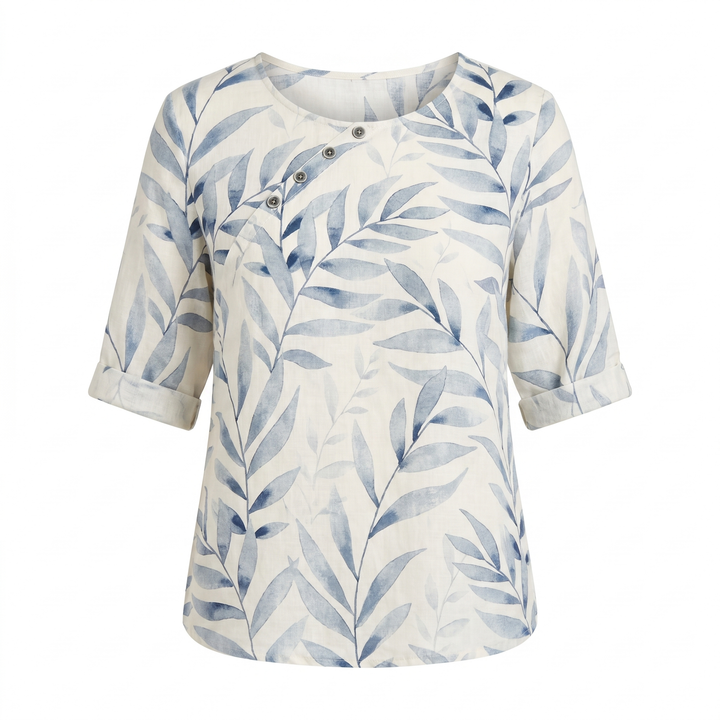 Effortless Botanical Print Linen Blouse for Women with Round Neck Elbow Sleeve Button Placket Relaxed Style