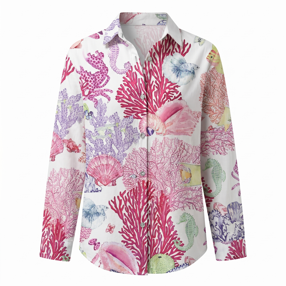 Effortless Floral Blouse for Women with Collar Long Sleeve Button Front Relaxed Flowing Style