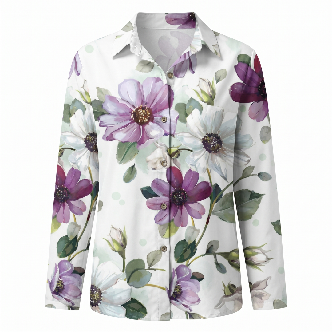Effortless Floral Blouse for Women with Collar Long Sleeve Button Front Relaxed Flowing Style