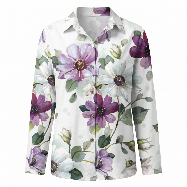 Effortless Floral Blouse for Women with Collar Long Sleeve Button Front Relaxed Flowing Style