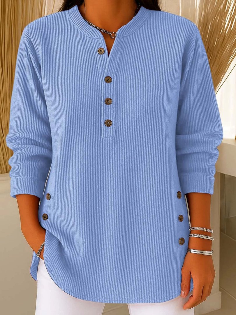 Comfortable Ribbed Knit Tunic for Women with Split Neck Long Sleeve Button Front Relaxed Casual Style