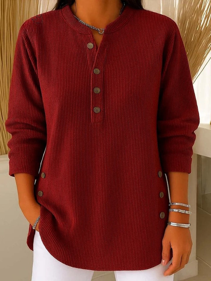 Comfortable Ribbed Knit Tunic for Women with Split Neck Long Sleeve Button Front Relaxed Casual Style