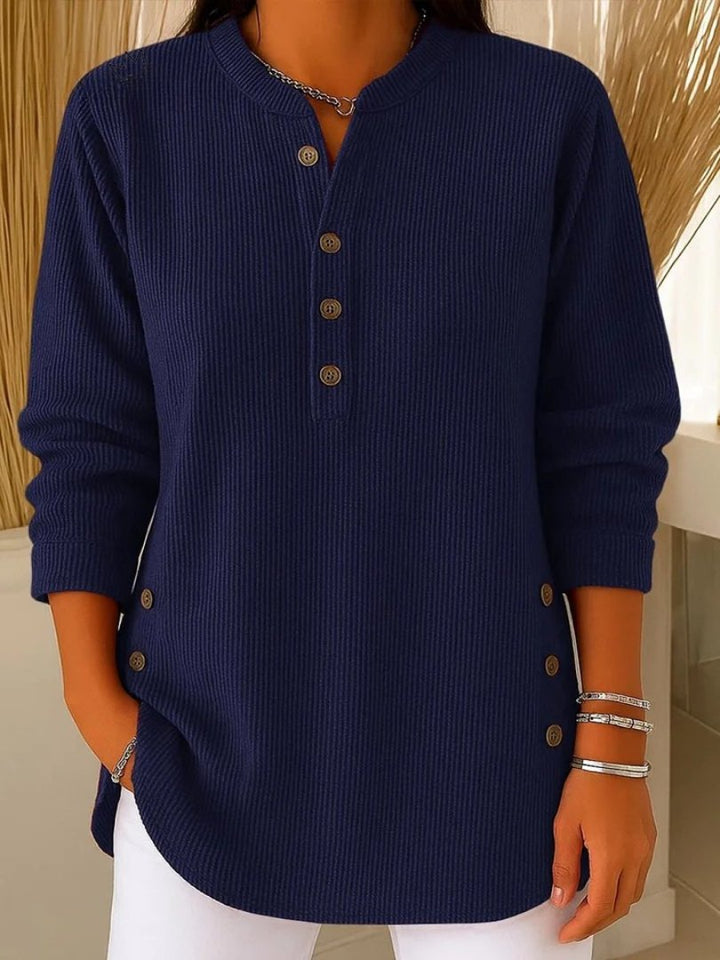 Comfortable Ribbed Knit Tunic for Women with Split Neck Long Sleeve Button Front Relaxed Casual Style