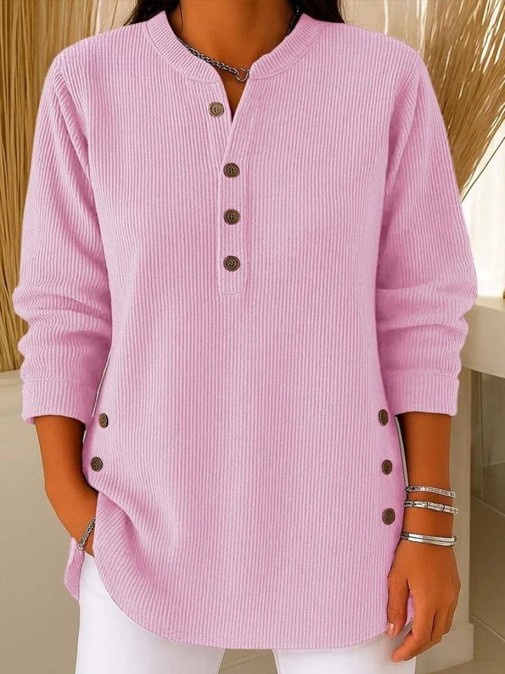 Comfortable Ribbed Knit Tunic for Women with Split Neck Long Sleeve Button Front Relaxed Casual Style