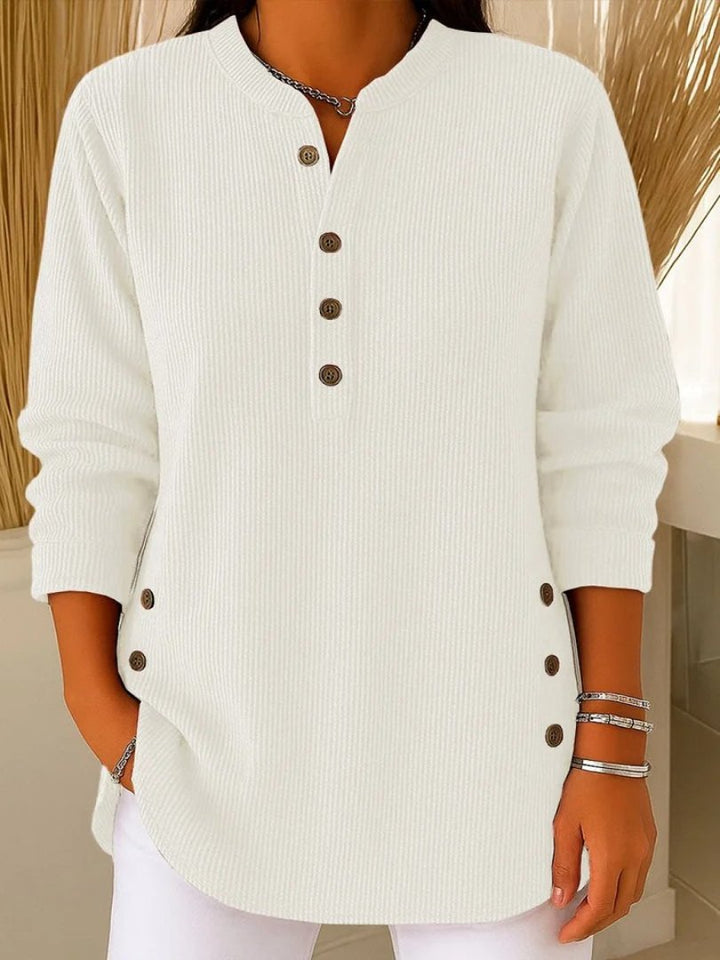 Comfortable Ribbed Knit Tunic for Women with Split Neck Long Sleeve Button Front Relaxed Casual Style