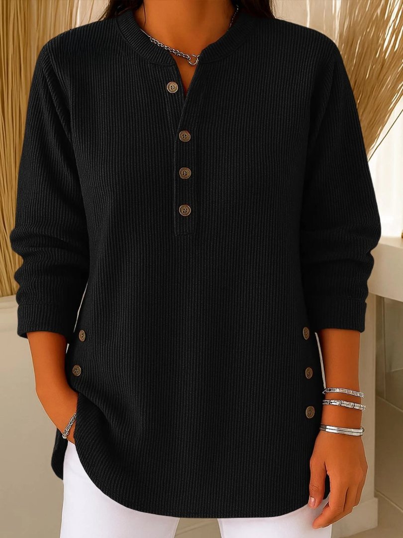 Comfortable Ribbed Knit Tunic for Women with Split Neck Long Sleeve Button Front Relaxed Casual Style