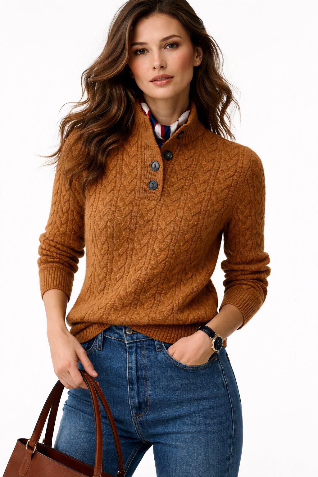 Comfortable Cable Knit Sweater for Women with Mock Neck Button Placket Long Sleeve Relaxed Casual Style