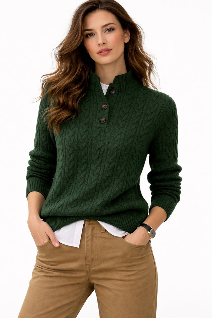 Comfortable Cable Knit Sweater for Women with Mock Neck Button Placket Long Sleeve Relaxed Casual Style
