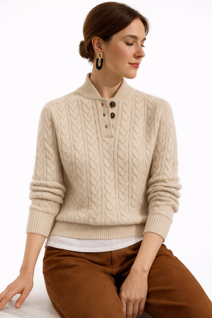 Comfortable Cable Knit Sweater for Women with Mock Neck Button Placket Long Sleeve Relaxed Casual Style