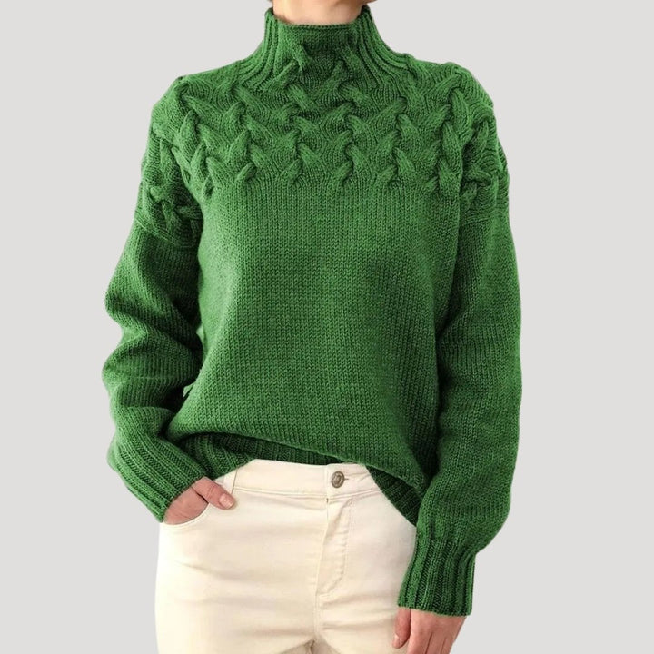 Comfortable Cable Knit Sweater for Women with Mock Neck Long Sleeve Textured Yoke Oversized Style