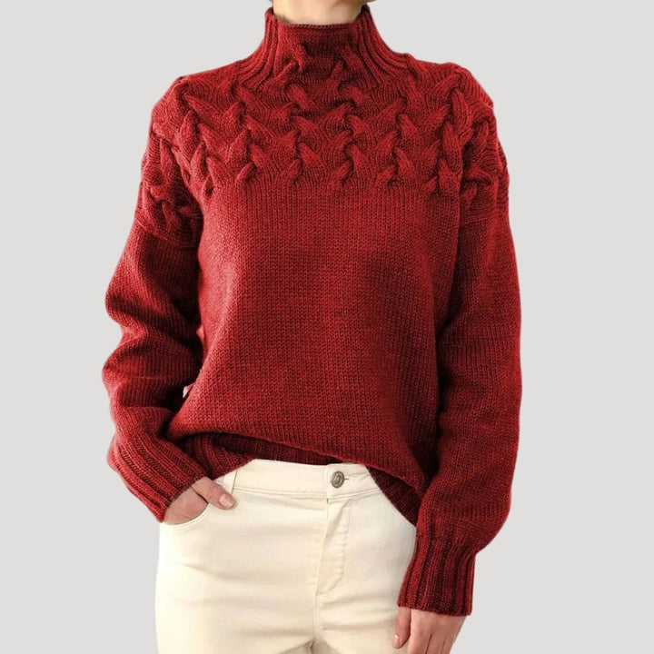 Comfortable Cable Knit Sweater for Women with Mock Neck Long Sleeve Textured Yoke Oversized Style