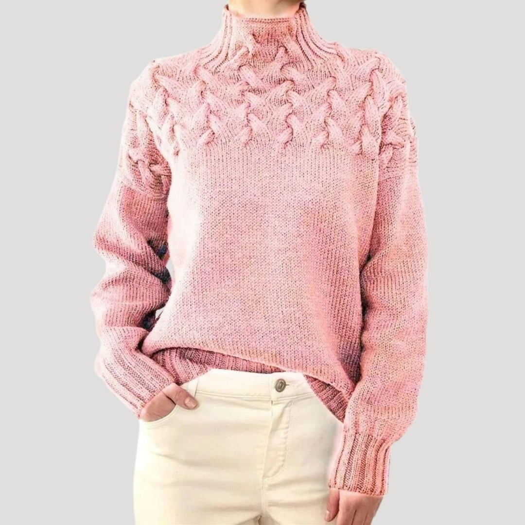 Comfortable Cable Knit Sweater for Women with Mock Neck Long Sleeve Textured Yoke Oversized Style