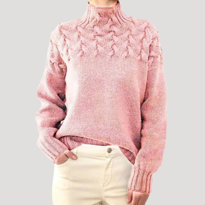Comfortable Cable Knit Sweater for Women with Mock Neck Long Sleeve Textured Yoke Oversized Style