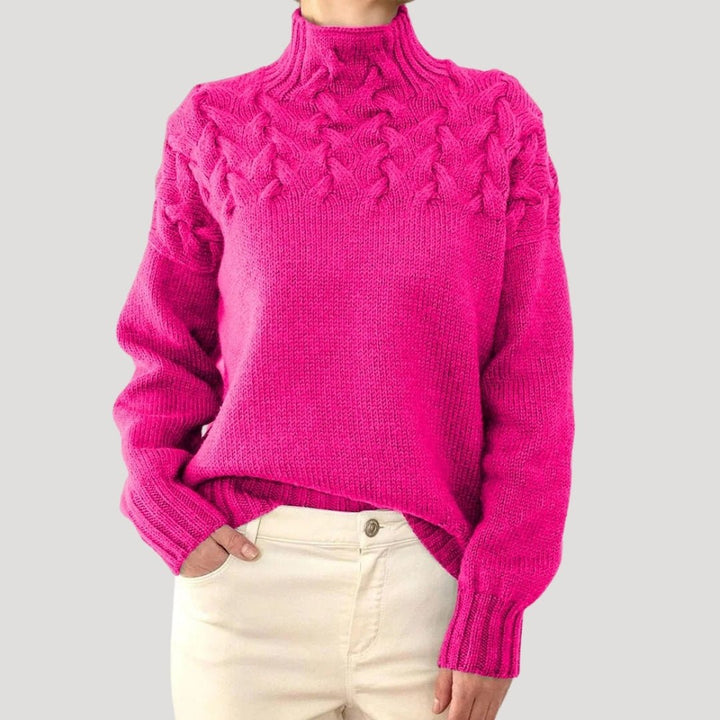 Comfortable Cable Knit Sweater for Women with Mock Neck Long Sleeve Textured Yoke Oversized Style