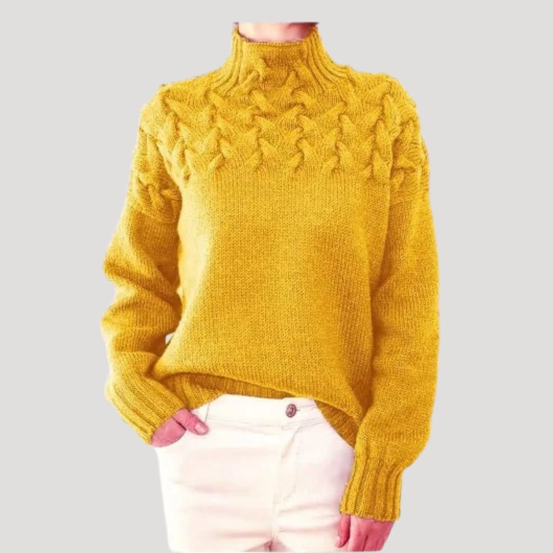 Comfortable Cable Knit Sweater for Women with Mock Neck Long Sleeve Textured Yoke Oversized Style