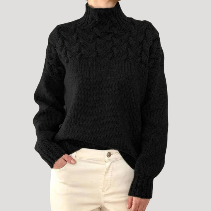 Comfortable Cable Knit Sweater for Women with Mock Neck Long Sleeve Textured Yoke Oversized Style