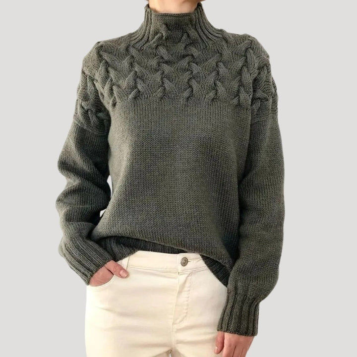 Comfortable Cable Knit Sweater for Women with Mock Neck Long Sleeve Textured Yoke Oversized Style