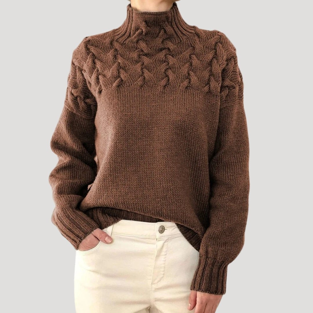 Comfortable Cable Knit Sweater for Women with Mock Neck Long Sleeve Textured Yoke Oversized Style