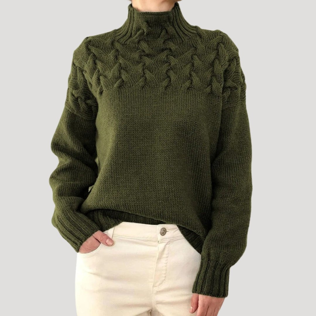 Comfortable Cable Knit Sweater for Women with Mock Neck Long Sleeve Textured Yoke Oversized Style