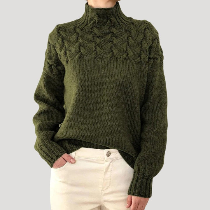 Comfortable Cable Knit Sweater for Women with Mock Neck Long Sleeve Textured Yoke Oversized Style