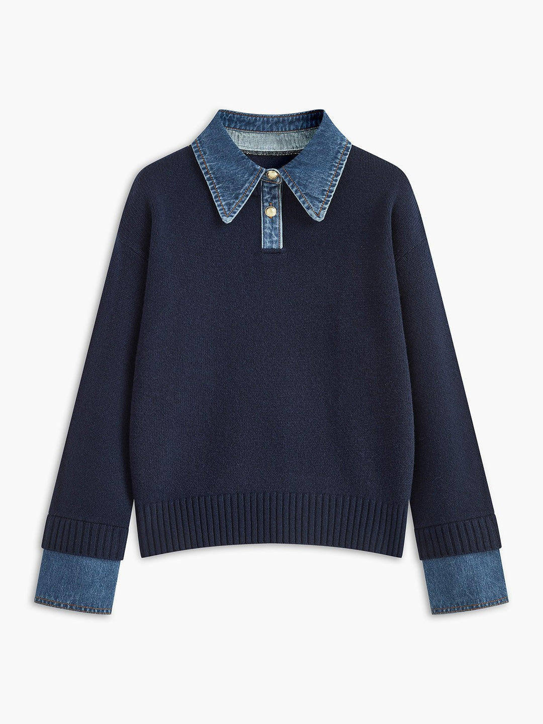 Effortless Denim Trim Polo Sweater for Women with Collar Long Sleeve Ribbed Cuff Oversized Knit Style