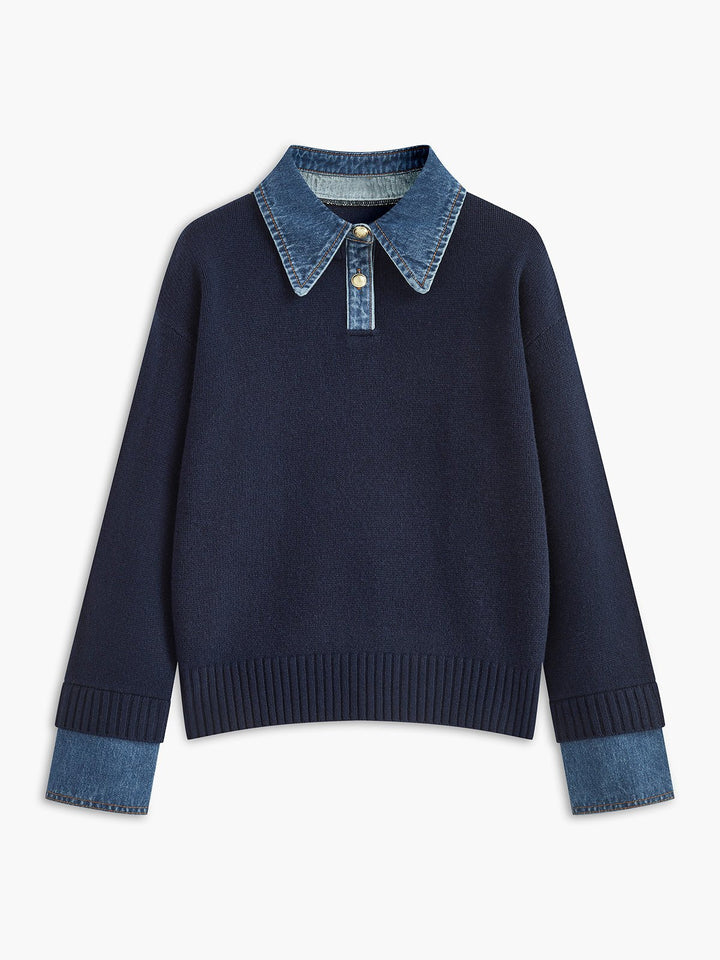 Effortless Denim Trim Polo Sweater for Women with Collar Long Sleeve Ribbed Cuff Oversized Knit Style