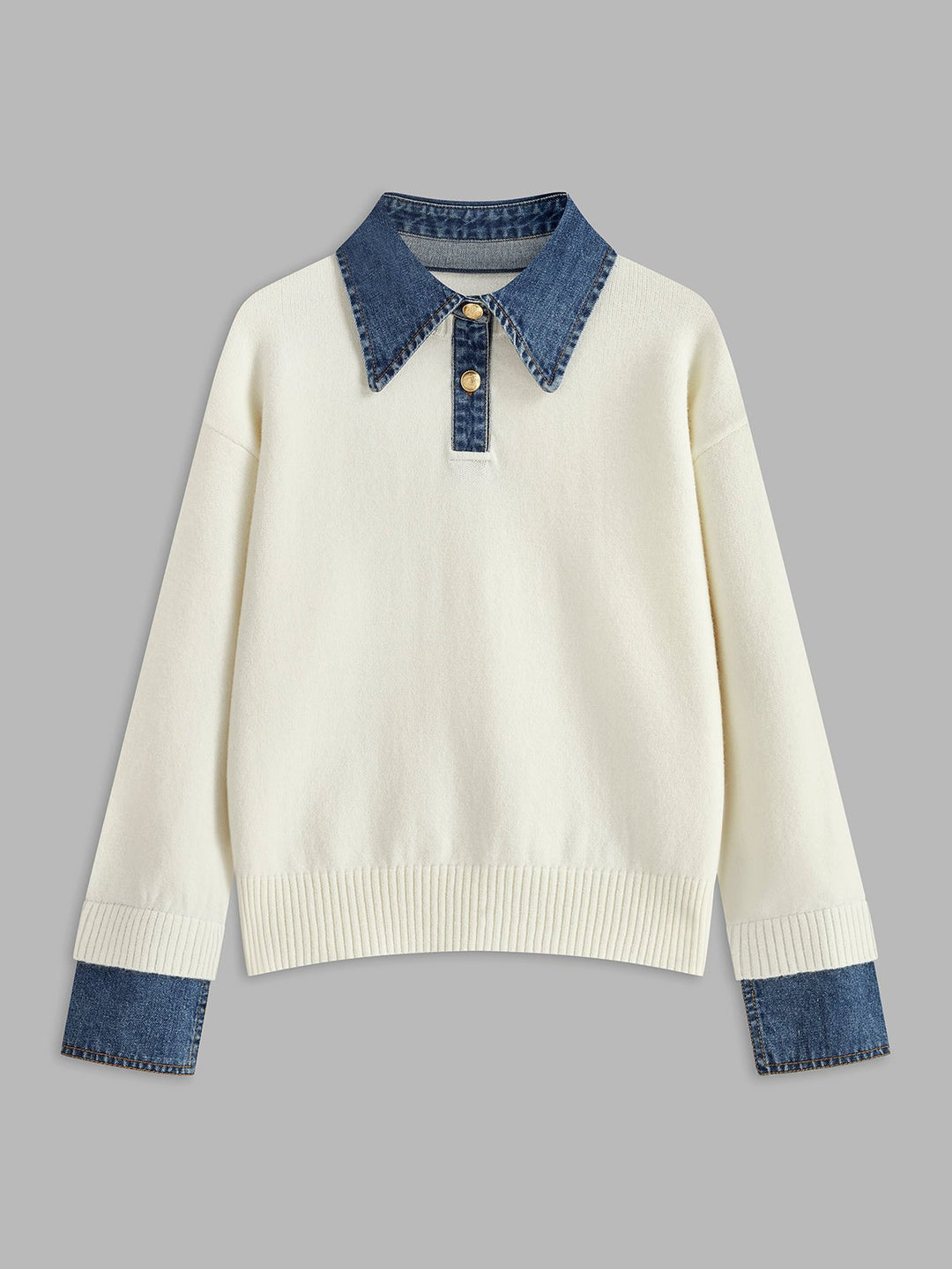 Effortless Denim Trim Polo Sweater for Women with Collar Long Sleeve Ribbed Cuff Oversized Knit Style