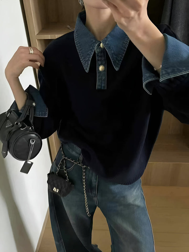 Effortless Denim Trim Polo Sweater for Women with Collar Long Sleeve Ribbed Cuff Oversized Knit Style