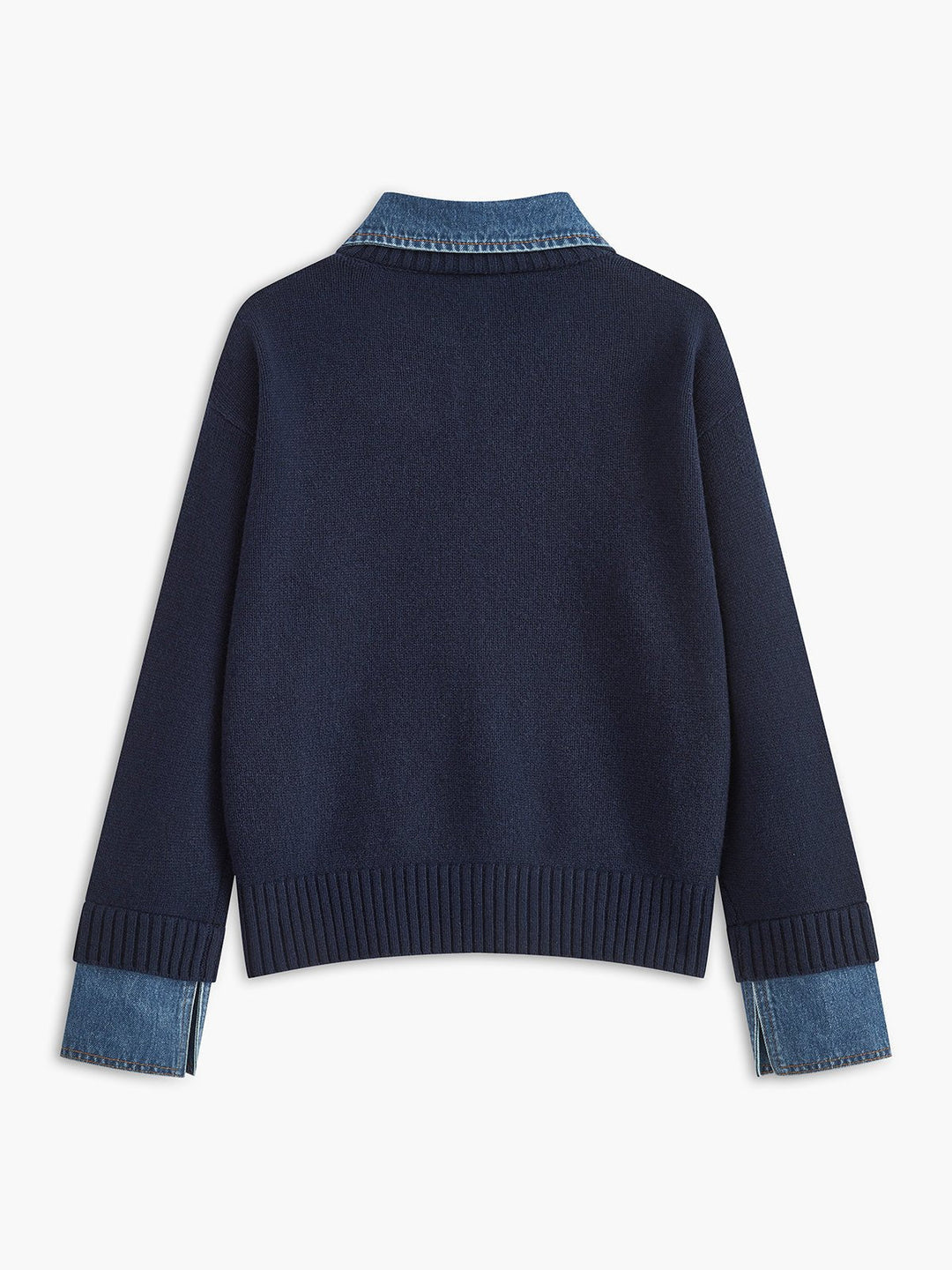 Effortless Denim Trim Polo Sweater for Women with Collar Long Sleeve Ribbed Cuff Oversized Knit Style