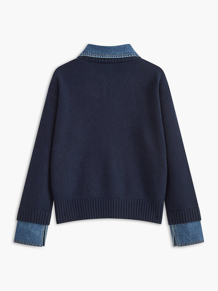 Effortless Denim Trim Polo Sweater for Women with Collar Long Sleeve Ribbed Cuff Oversized Knit Style
