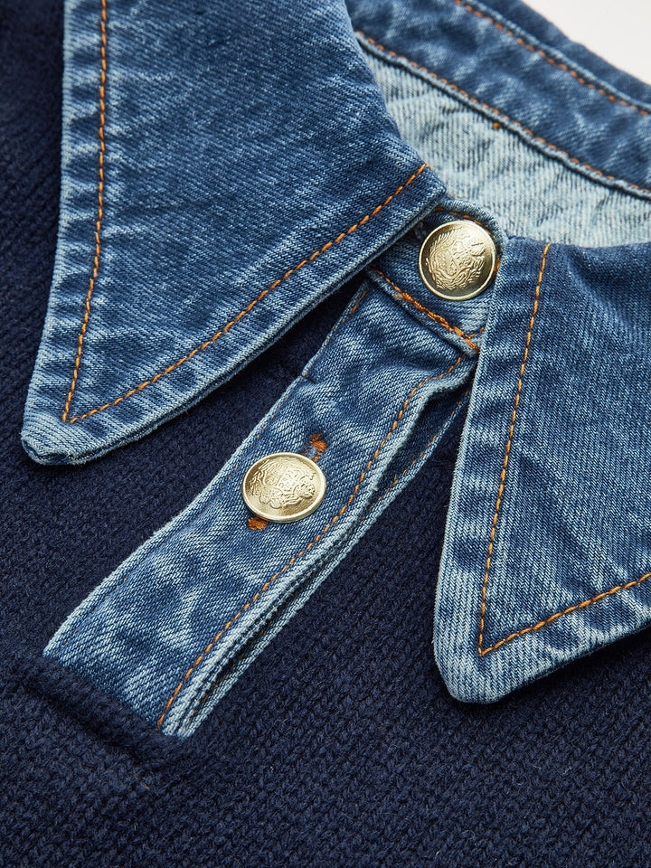 Effortless Denim Trim Polo Sweater for Women with Collar Long Sleeve Ribbed Cuff Oversized Knit Style