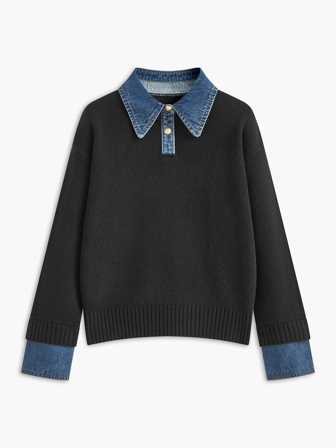 Effortless Denim Trim Polo Sweater for Women with Collar Long Sleeve Ribbed Cuff Oversized Knit Style