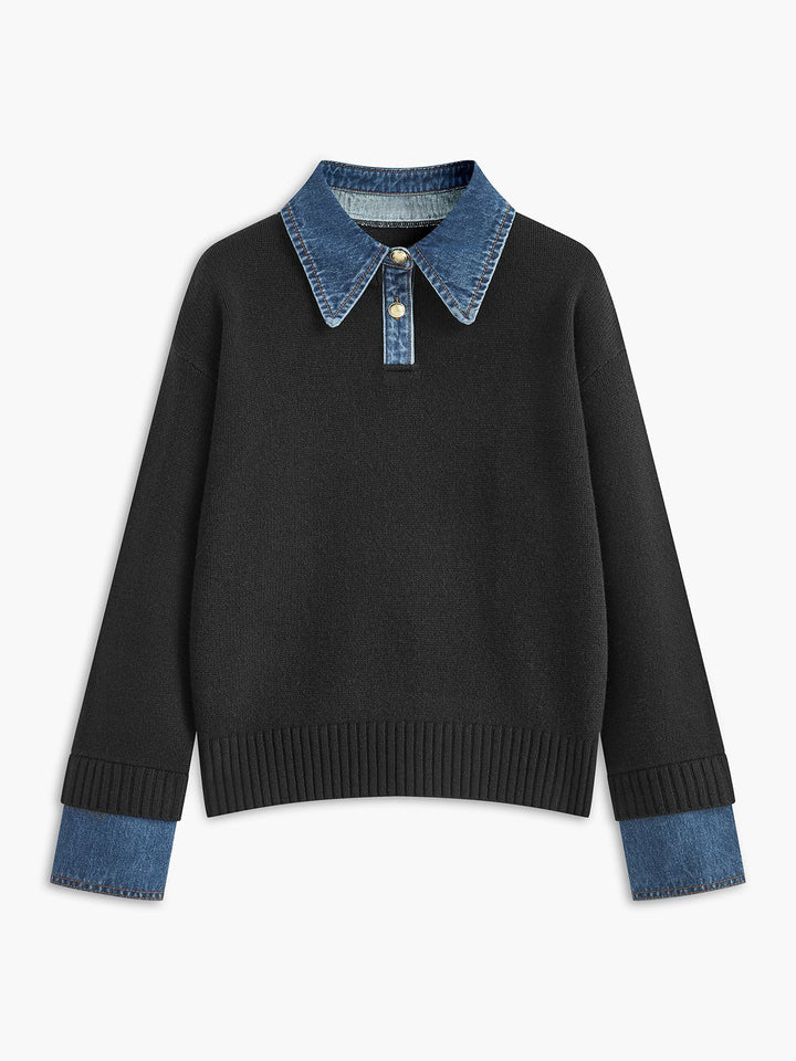 Effortless Denim Trim Polo Sweater for Women with Collar Long Sleeve Ribbed Cuff Oversized Knit Style
