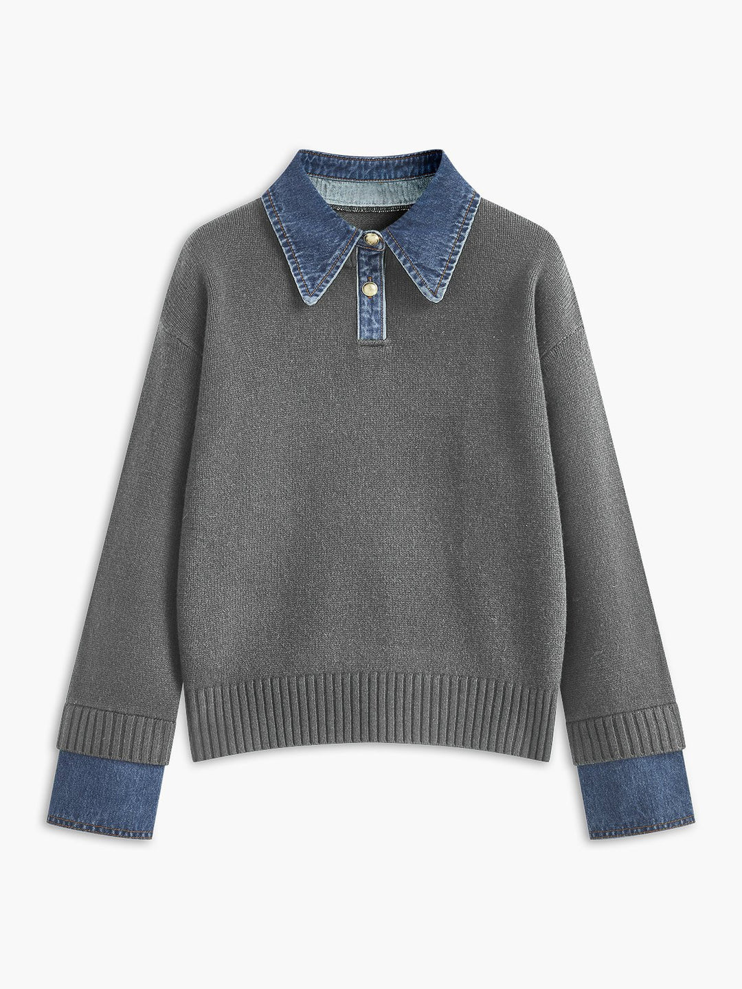 Effortless Denim Trim Polo Sweater for Women with Collar Long Sleeve Ribbed Cuff Oversized Knit Style