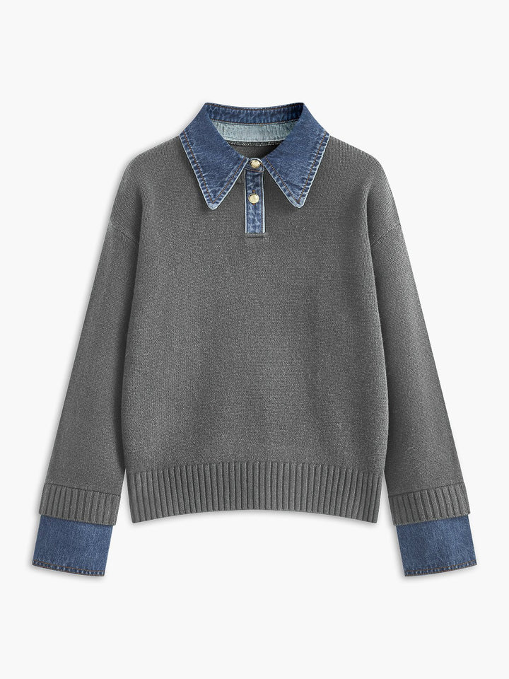 Effortless Denim Trim Polo Sweater for Women with Collar Long Sleeve Ribbed Cuff Oversized Knit Style
