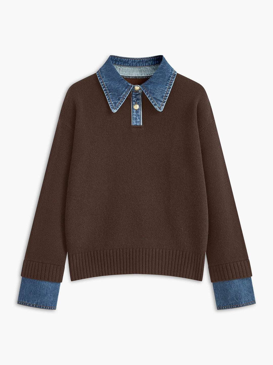 Effortless Denim Trim Polo Sweater for Women with Collar Long Sleeve Ribbed Cuff Oversized Knit Style