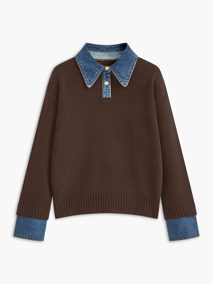 Effortless Denim Trim Polo Sweater for Women with Collar Long Sleeve Ribbed Cuff Oversized Knit Style