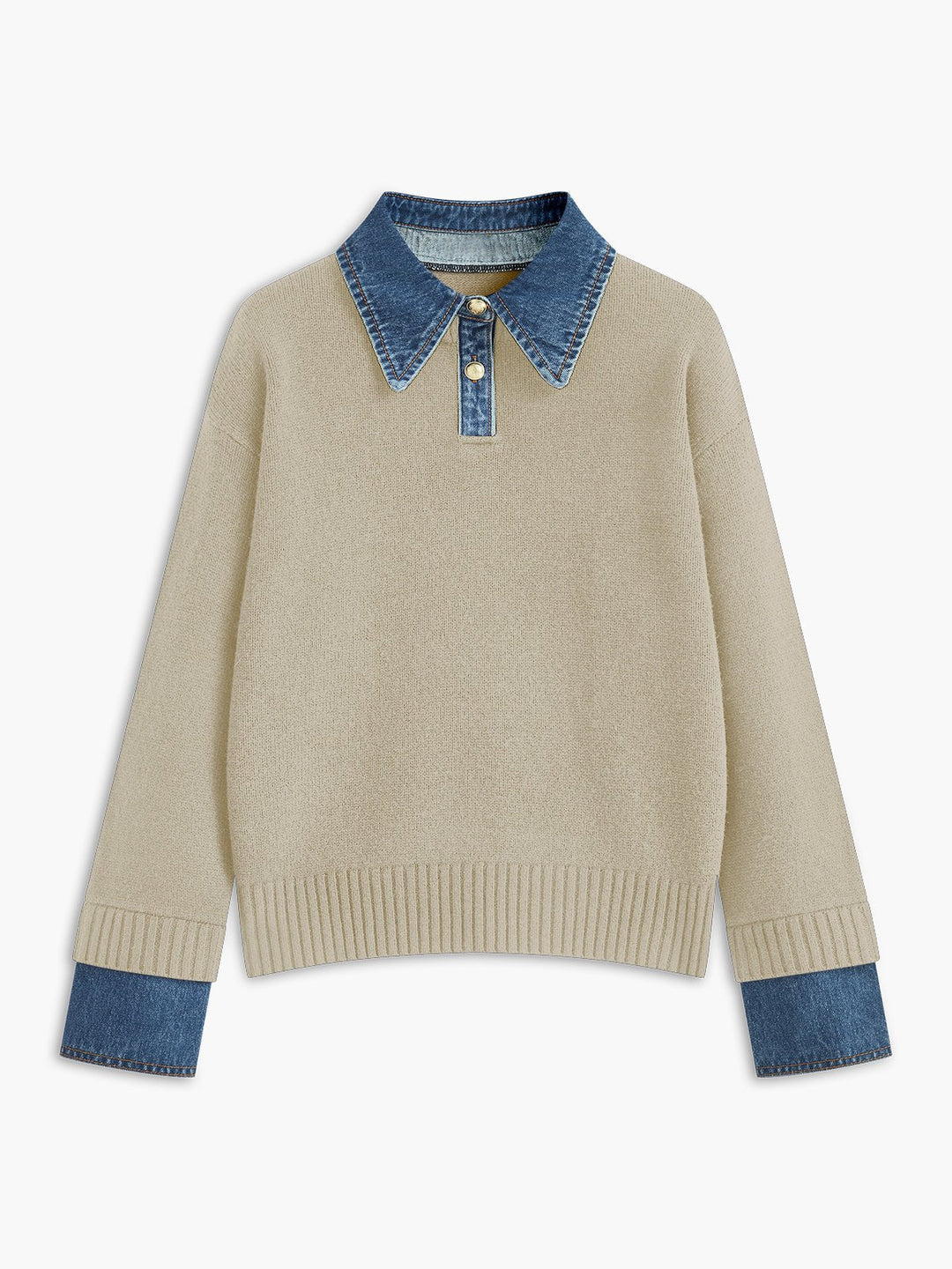 Effortless Denim Trim Polo Sweater for Women with Collar Long Sleeve Ribbed Cuff Oversized Knit Style
