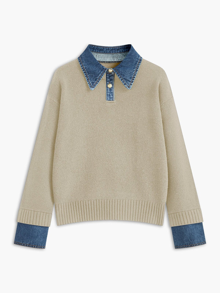 Effortless Denim Trim Polo Sweater for Women with Collar Long Sleeve Ribbed Cuff Oversized Knit Style