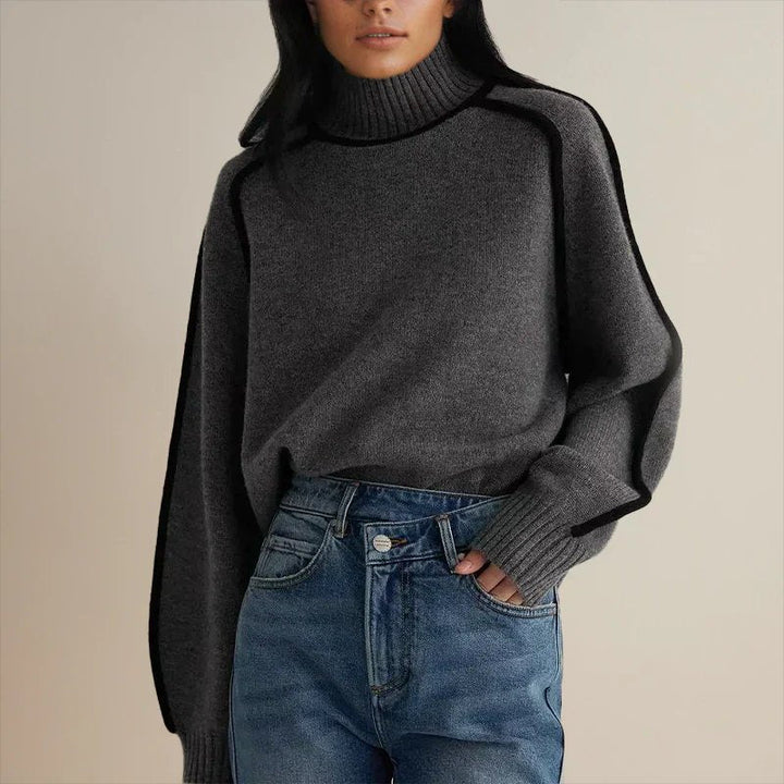 Comfortable Contrast Piping Sweater for Women with Turtleneck Long Sleeve Relaxed Oversized Knit Style