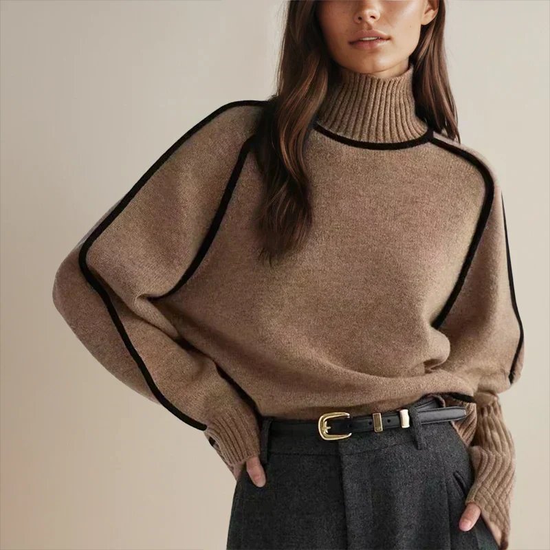 Comfortable Contrast Piping Sweater for Women with Turtleneck Long Sleeve Relaxed Oversized Knit Style
