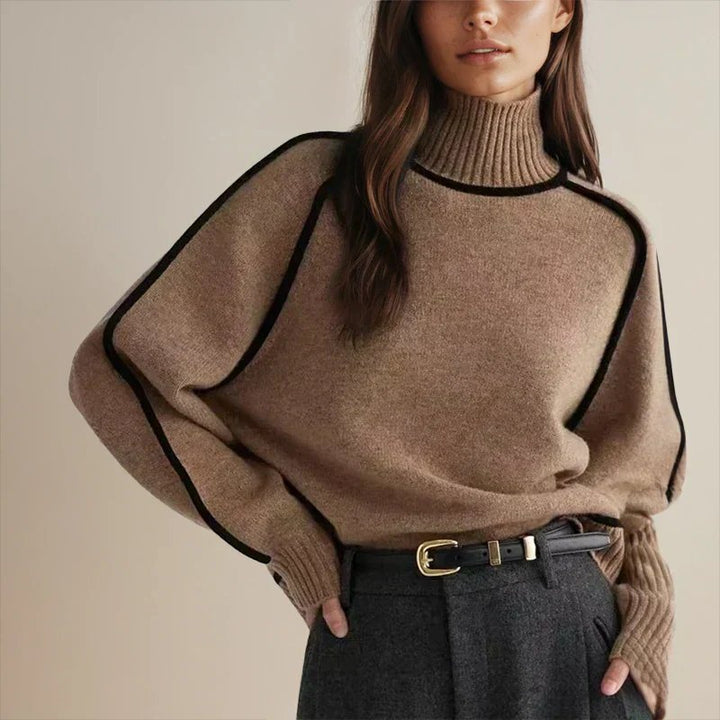 Comfortable Contrast Piping Sweater for Women with Turtleneck Long Sleeve Relaxed Oversized Knit Style