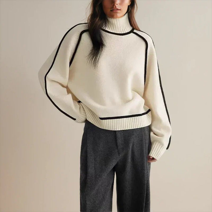 Comfortable Contrast Piping Sweater for Women with Turtleneck Long Sleeve Relaxed Oversized Knit Style