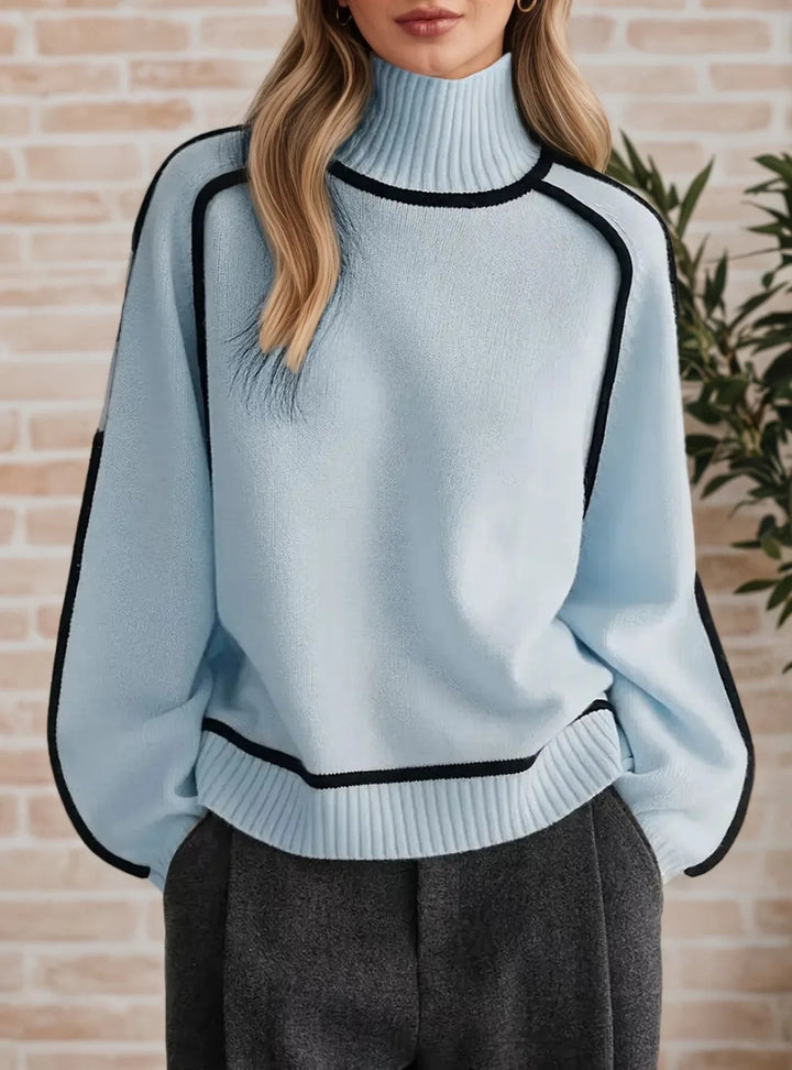 Comfortable Contrast Piping Sweater for Women with Turtleneck Long Sleeve Relaxed Oversized Knit Style
