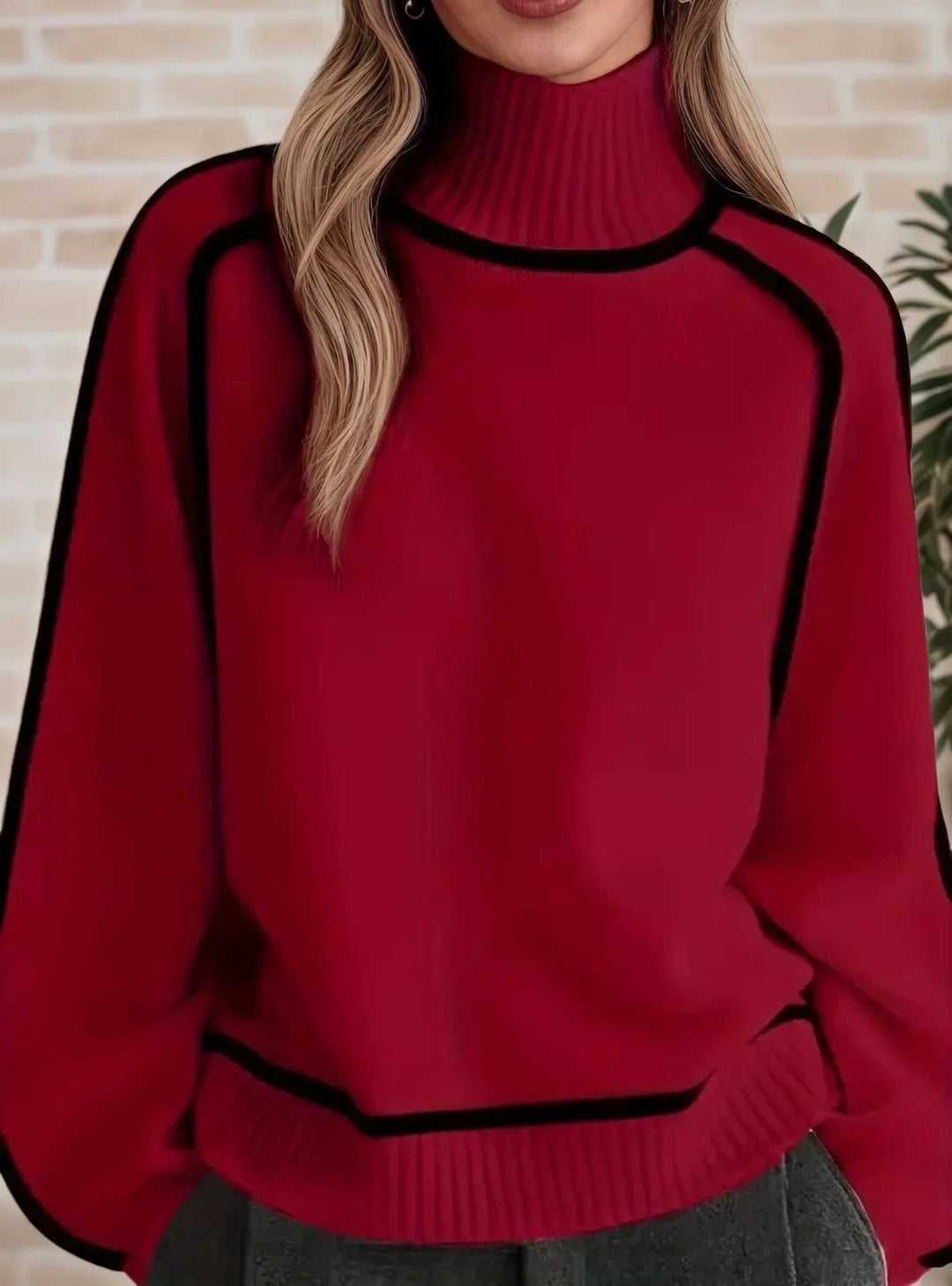 Comfortable Contrast Piping Sweater for Women with Turtleneck Long Sleeve Relaxed Oversized Knit Style