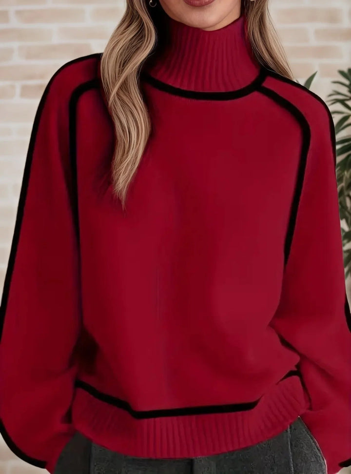 Comfortable Contrast Piping Sweater for Women with Turtleneck Long Sleeve Relaxed Oversized Knit Style